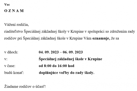 Doplňujúce voľby zástupcu rodičov za člena Rady školy pri ŠZŠ v Krupine